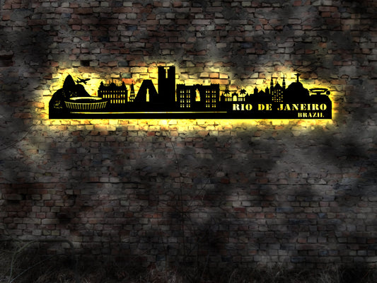 Skyline Skyline Rio de Janeiro   LED Wandbild Holz Stadt AK Karte Map Stadtplan Wandsticker Leuchtbild Wandtattoo Reiseführer Silhouette