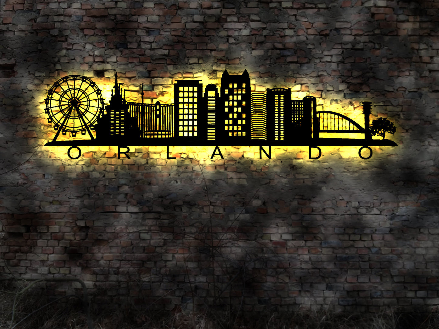 Skyline Orlando USA  LED Wandbild Holz Stadt AK Karte Map Stadtplan Wandsticker Leuchtbild Neonreklame Wandtattoo  Silhouette
