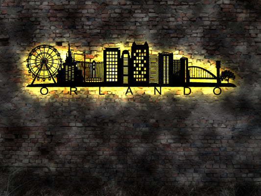 Skyline Orlando USA  LED Wandbild Holz Stadt AK Karte Map Stadtplan Wandsticker Leuchtbild Neonreklame Wandtattoo  Silhouette