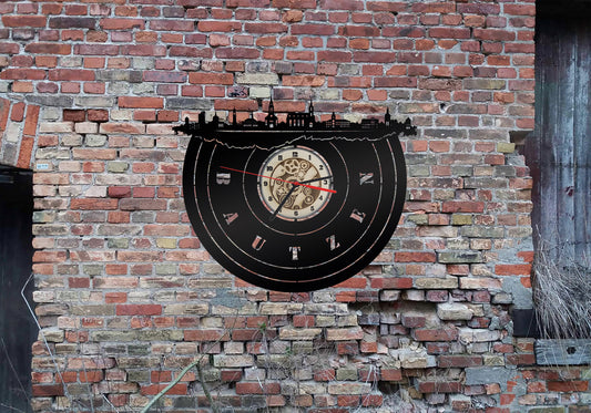 Uhr Stadt Bautzen LED Wandbild Holz  Wandtattoo Silhouette