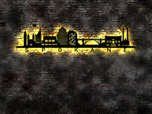 Skyline Spokane Stadt LED Wandbild Holz Stadt AK Karte Map Stadtplan Wandsticker Leuchtbild Neonreklame Wandtattoo USA