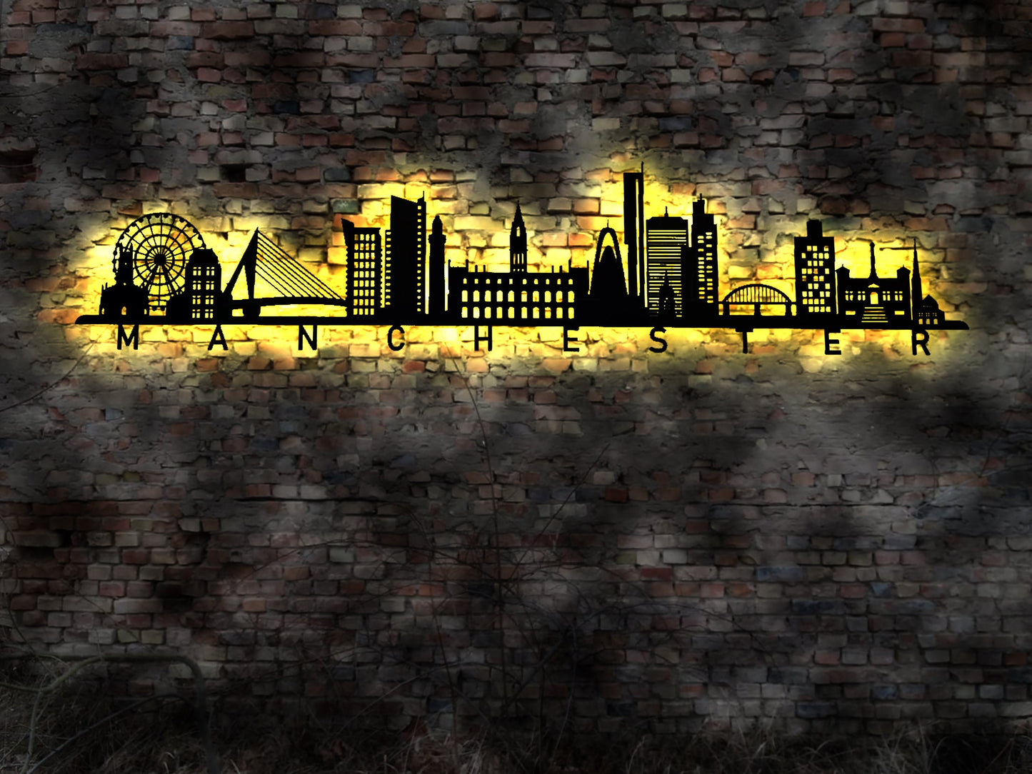 Skyline Manchester  LED Wandbild Holz Stadt AK Karte Map Stadtplan Wandsticker Leuchtbild UK  Wandtattoo Reiseführer Silhouette