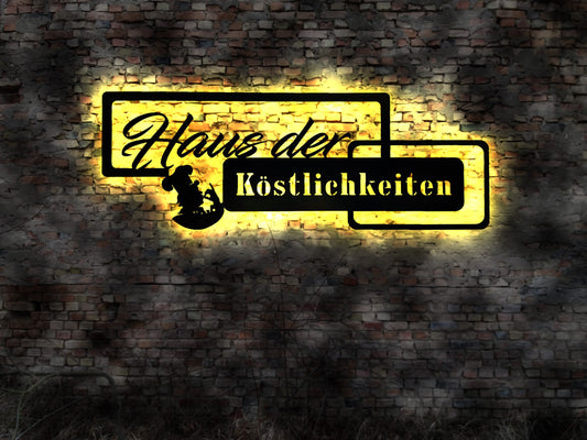 LED Wandbild Deko Haus der Köstlichkeiten  Essen Geniessen Kochbuch Küche Deko Küchenschild Schlemmer