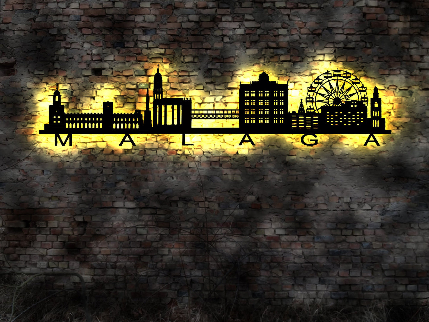 Skyline Malaga Spain Spanien   Wandbild Holz Stadt AK Karte Map Stadtplan Wandsticker Leuchtbild Neonreklame Wandtattoo Silhouette