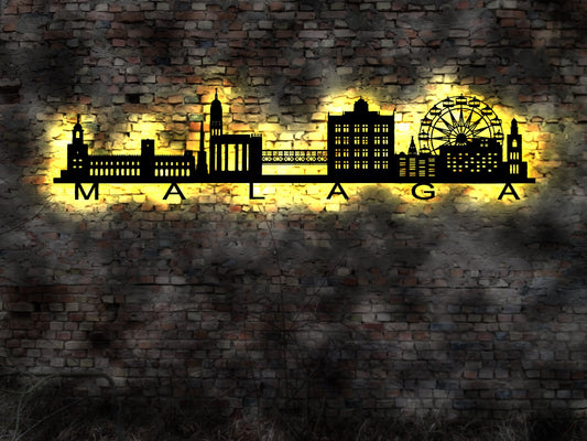 Skyline Malaga Spain Spanien   Wandbild Holz Stadt AK Karte Map Stadtplan Wandsticker Leuchtbild Neonreklame Wandtattoo Silhouette