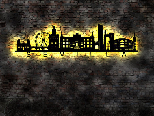 Skyline Sevilla Spain Spanien   Wandbild Holz Stadt AK Karte Map Stadtplan Wandsticker Leuchtbild Neonreklame Wandtattoo Silhouette