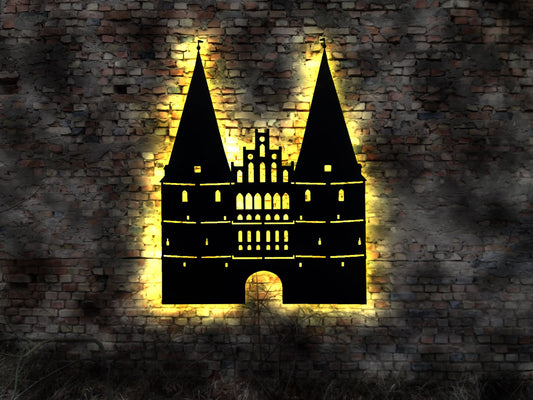 Holstentor Skyline Lübeck   LED Wandbild Holz Stadt AK Karte Map