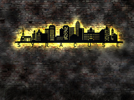 Skyline Syracuse  USA  LED Wandbild Holz Stadt AK Karte Map Stadtplan Wandsticker Leuchtbild Neonreklame Wandtattoo  Silhouette