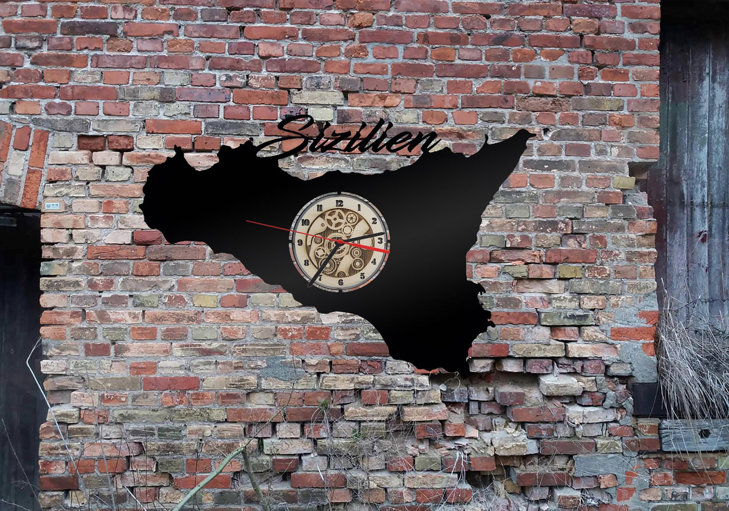 Insel Sizilien Italien   Wanduhr Uhr Holzuhr Uhren Ziffernblatt Clock Holz Armbanduhr Skyline Silhouette  Aufkleber