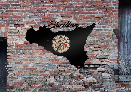 Insel Sizilien Italien   Wanduhr Uhr Holzuhr Uhren Ziffernblatt Clock Holz Armbanduhr Skyline Silhouette  Aufkleber