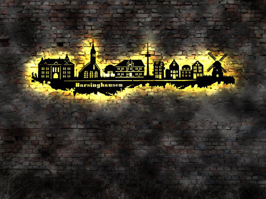 LED Skyline Barsinghausen   Wandbild Holz Stadt  Karte Map Stadtplan Marktplatz Rathaus Windmühle Wandtattoo Reiseführer Silhouette