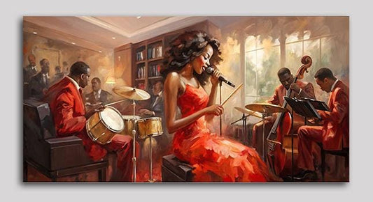 Jazz Wandkunst, Sängerin im roten Kleid mit Jazz Band Gemälde auf Leinwand gedruckt, Retro Jazz Malerei, Jazz Poster, Jazz Wanddekor