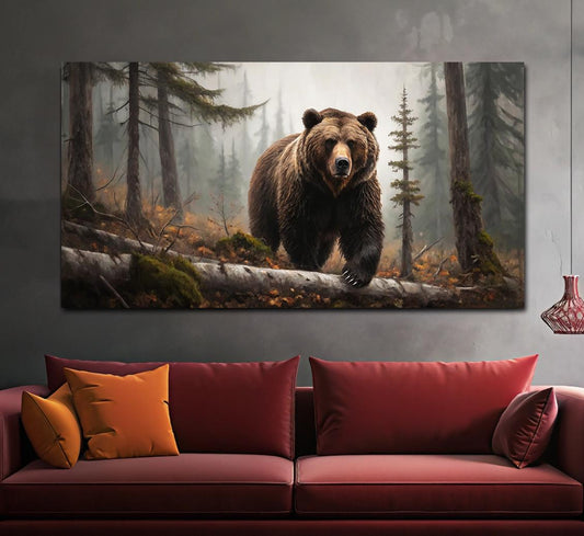 Grizzly Bär im nebligen Wald Leinwanddruck, Bären Wandkunst, Bär Malerei, Wilde Tiere Wandkunst, Großer Braunbär Leinwanddruck