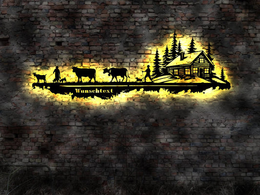 Skyline  Alpaufzug Almzug Schweiz Exklusive dekorative Wandleuchte aus gelasertem Holz  mit LED-Beleuchtung  Swiss