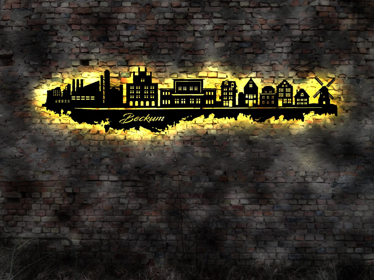 Skyline Beckum  Nordrhein-Westfalen   LED Wandbild Holz Stadt AK Karte Map Stadtplan Wandsticker Leuchtbild Neonreklame Silhouette