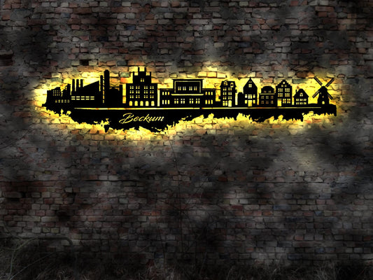 Skyline Beckum  Nordrhein-Westfalen   LED Wandbild Holz Stadt AK Karte Map Stadtplan Wandsticker Leuchtbild Neonreklame Silhouette