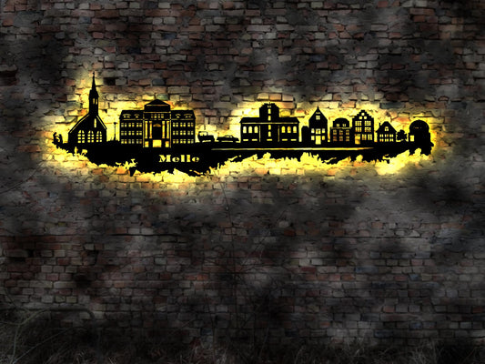 Skyline Stadt Melle Niedersachsen LED Wandbild Holz  Stadtplan Wandsticker  Wandtattoo  Silhouette