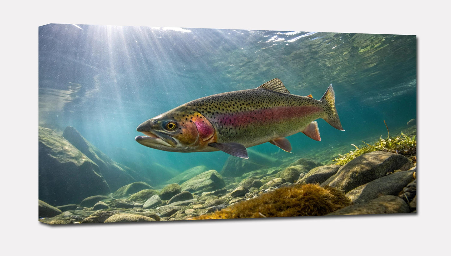 Regenbogenforelle Gemälde Leinwanddruck, abstrakte Fischen Wandkunst, Unterwasserwandkunst, Fischer Geschenk, gerahmt , fertig zum Aufhängen