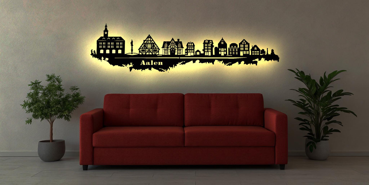 Skyline Stadt Aalen  LED Wandbild   Holz