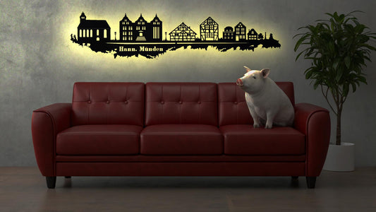Skyline Stadt Hann. Münden   LED Wandbild   Holz Stadt AK Karte Map Stadtplan Wandsticker Leuchtbild