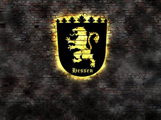 Skyline Bundesland Hessen LED Wandbild Holz Stadt AK Karte Wappen Wandsticker Leuchtbild Wiesbaden   Wandtattoo Reiseführer Silhouette