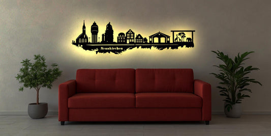 Skyline Neunkirchen  Saarland LED Wandbild Holz Stadt AK Karte Map Stadtplan Wandsticker Leuchtbild Neonreklame Wandtattoo  Silhouette