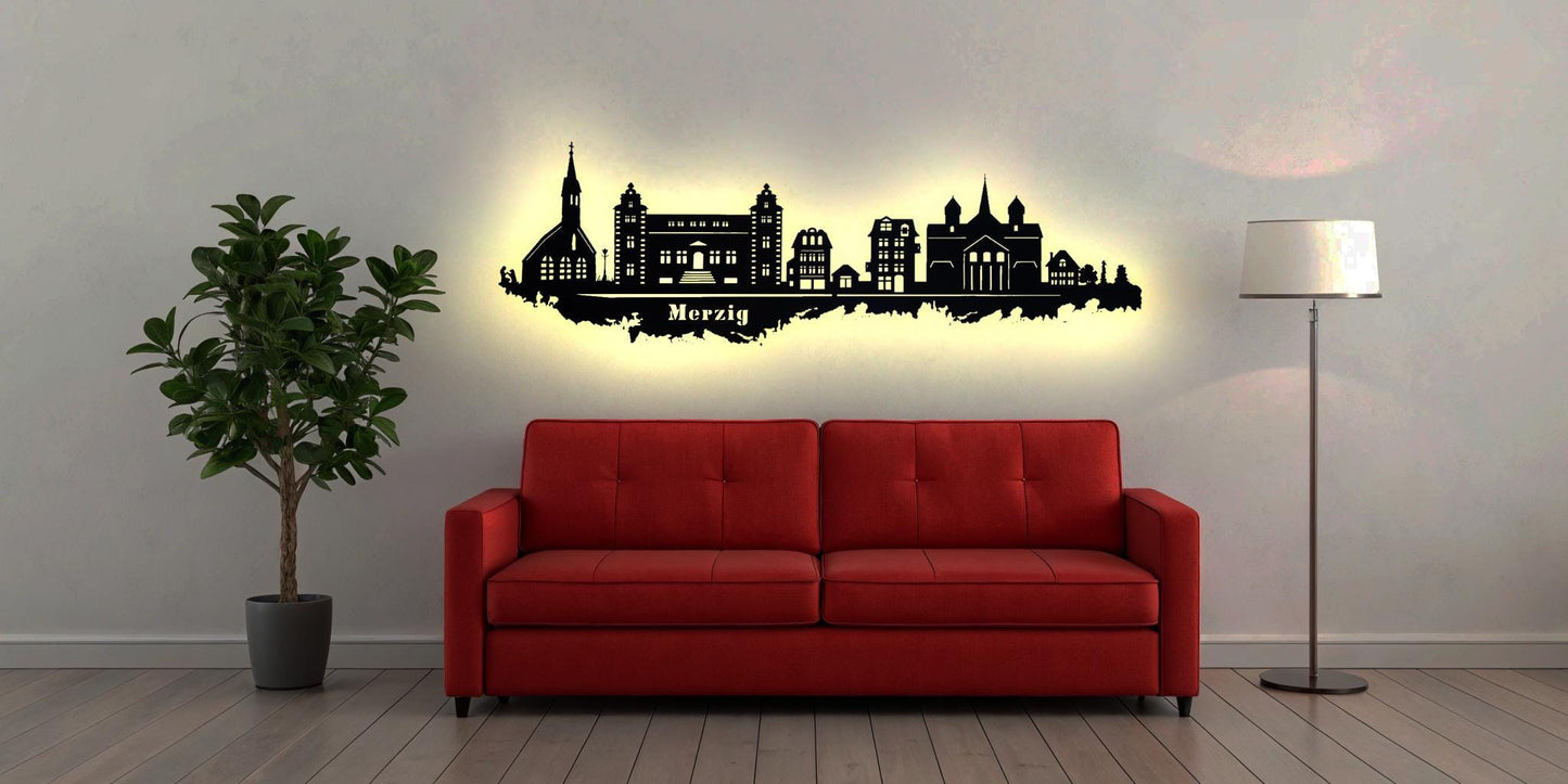 Skyline Merzig Saarland LED Wandbild Holz Stadt AK Karte Map Stadtplan Wandsticker Leuchtbild Neonreklame Wandtattoo  Silhouette