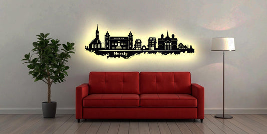 Skyline Merzig Saarland LED Wandbild Holz Stadt AK Karte Map Stadtplan Wandsticker Leuchtbild Neonreklame Wandtattoo  Silhouette