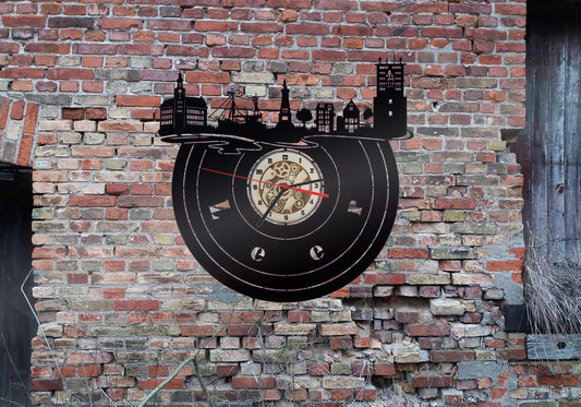 Leer Stadt Wanduhr Uhr Holzuhr Uhren Ziffernblatt Clock Holz Armbanduhr Skyline Silhouette  Aufkleber