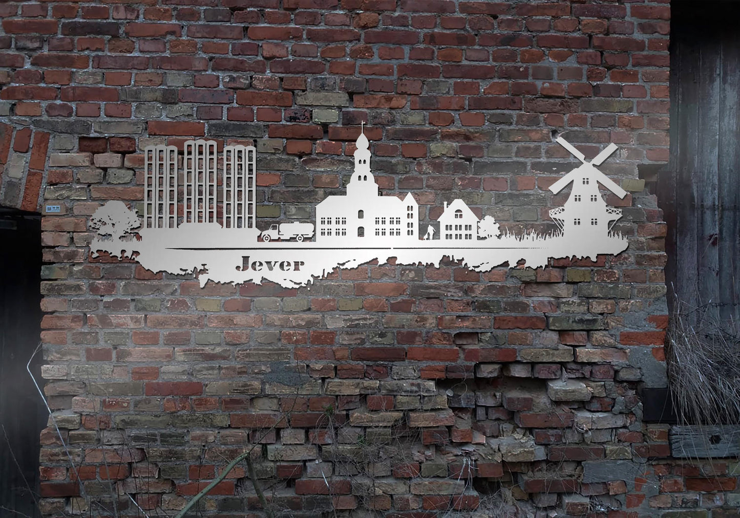 Skyline Stadt Jever Bild  Edelstahl  Wandkunst Stahl rostfrei  Metallkunst  Schild Cortenstahl rostend rostig verrostet Corten