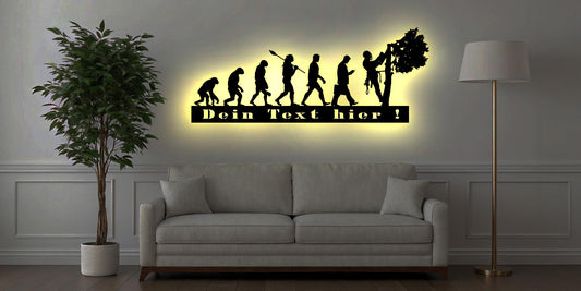 Baumkletterer Baum Pflegearbeiten Evolution beleuchtet Schild Logo Firmenschild Baumpflege Ausrüstung Shop