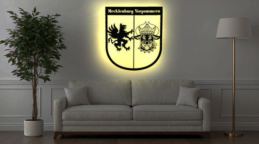 Wappen Mecklenburg Vorpommern MV Urlaub LED Wandbild aus Holz Stadt AK Karte Map Stadtplan Wandsticker Leuchtbild Schwerin Rostock Wismar